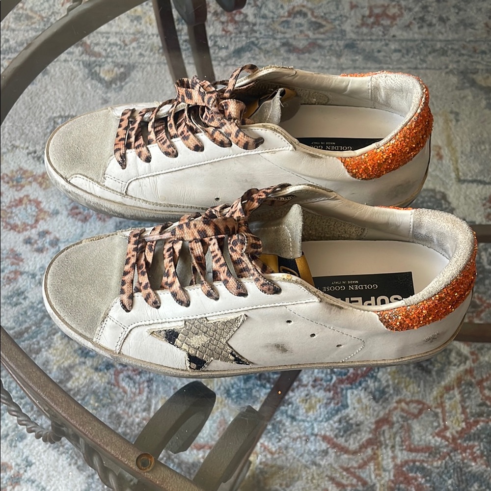 White Sneakers with Leopard Laces and Orange Glitter Heel